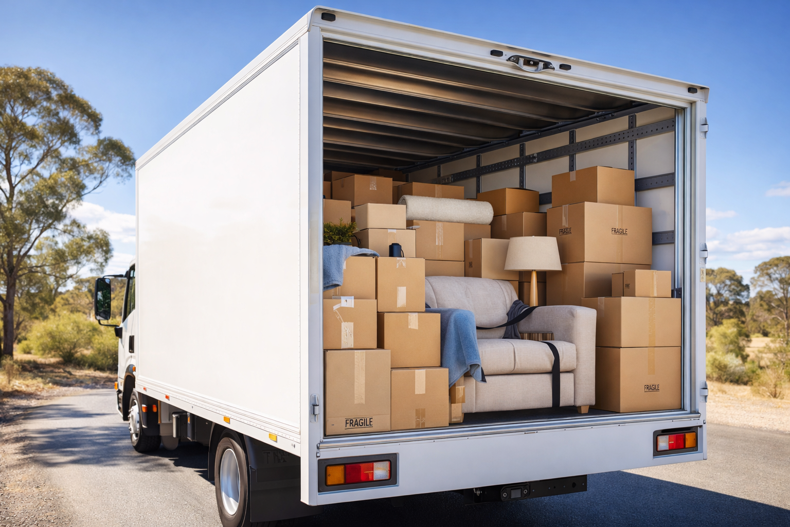 Professional moving truck loaded with furniture boxes