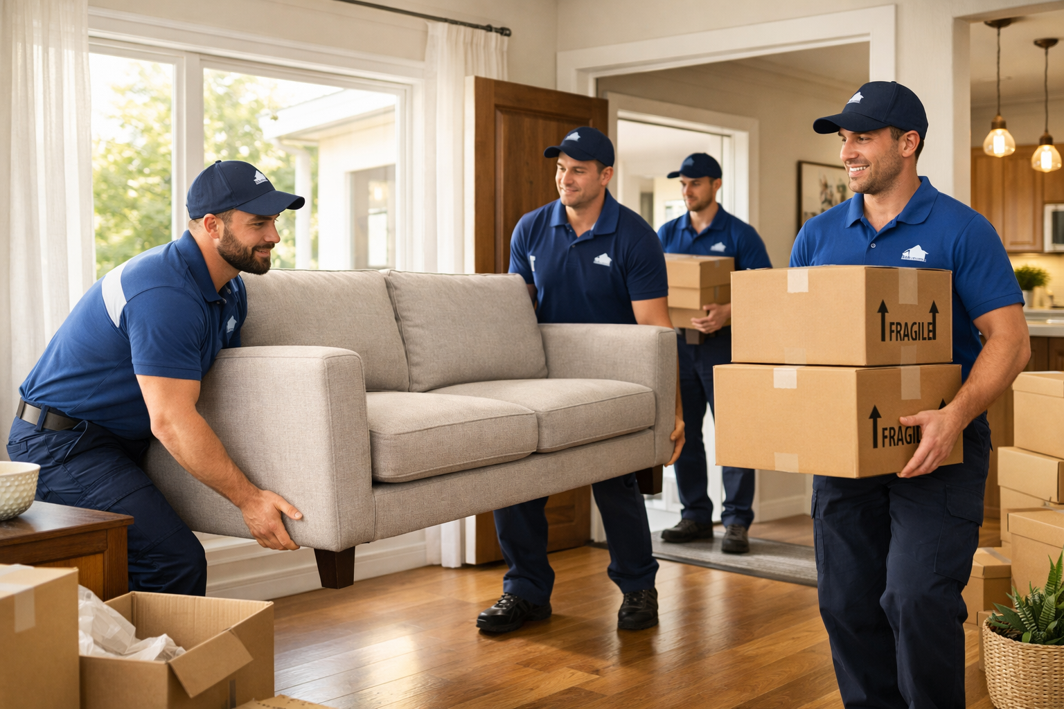 Professional moving team carefully carrying furniture